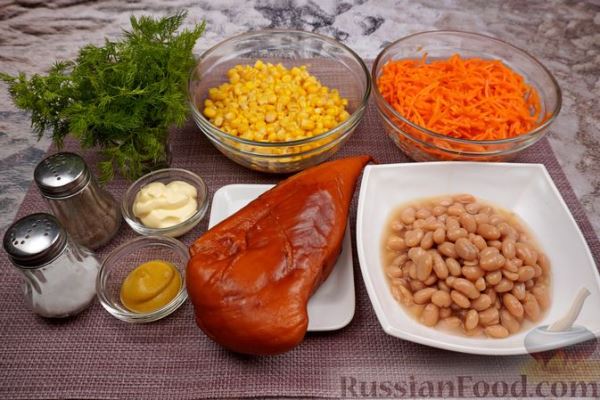 Салат с копчёной курицей, морковью по-корейски, фасолью и кукурузой